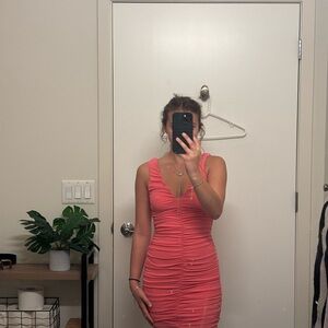 Fashion Nova Pink Coral Ruched Mini Dress